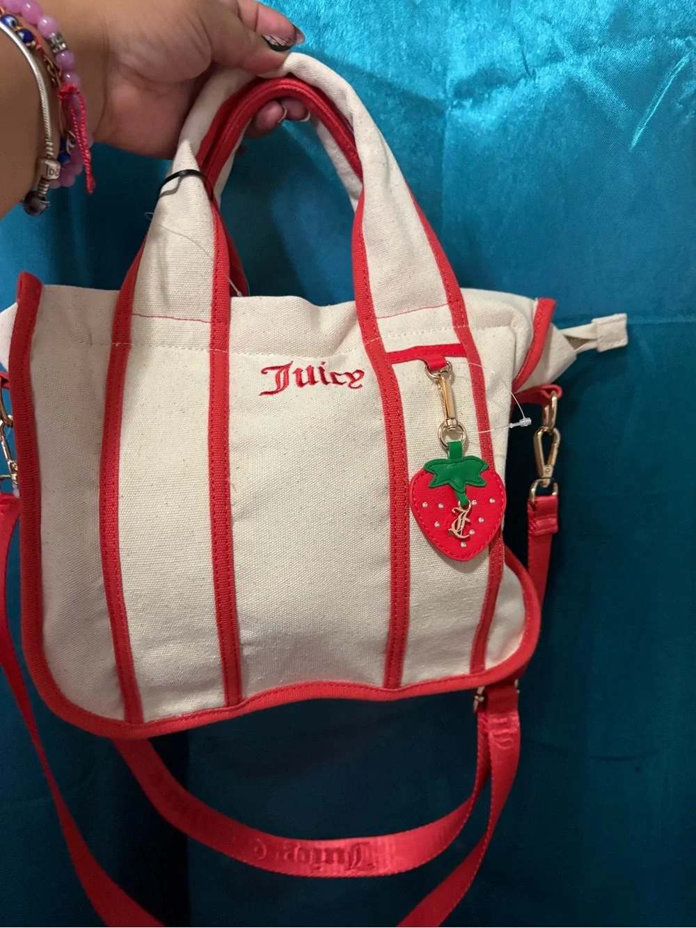 Juicy Couture Cream Canvas Tote with Red Trim and Strawberry Charm